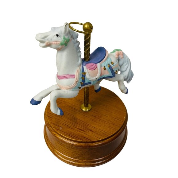 Vintage Ceramic Carousel Horse Figurine On Wooden Base 5 1/2" Music Box  Up e Po - Picture 4 of 10